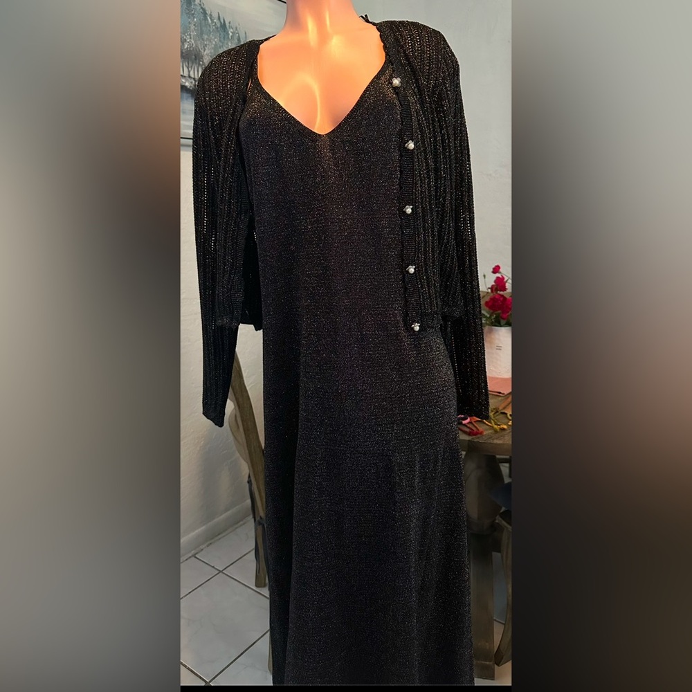 Plus Size Button-Front Sparkle Cardigan & Dress Set color black silver size xl - Picture 3 of 9